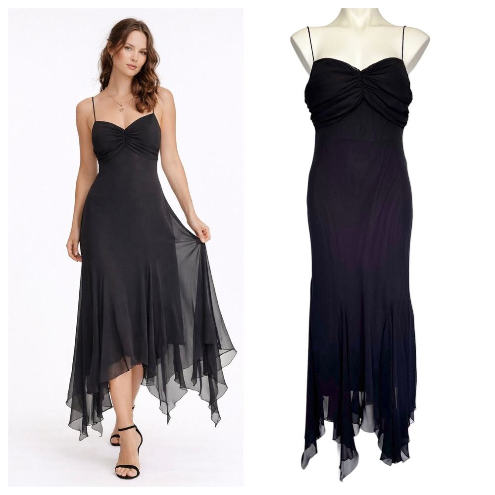 Y2k Whimsigoth Fairy Black Chiffon Asymmetric Dress Sz 12 Dark Romantic Goth